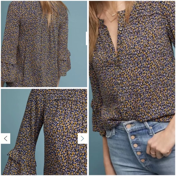 Maeve by Anthropologie Berwick Top Black Print Button Down Size S 3/4 Sleeves - Picture 1 of 14